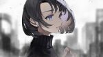  1girl absurdres black_hair black_sweater bob_cut colored_inner_hair crying crying_with_eyes_open earrings from_side glint hand_up highres jewelry multicolored_hair original parted_lips profile purple_eyes rain sogawa solo sweater tears turtleneck turtleneck_sweater 