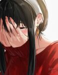  1girl bangs black_hair blush breasts collarbone covering_face earrings hairband highres isshiki_(ffmania7) jewelry large_breasts long_hair long_sleeves red_eyes red_sweater sidelocks simple_background sleeves_past_wrists solo spy_x_family sweater white_background yor_briar 