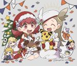  2girls 3boys :d ^_^ ampharos bare_shoulders blush boots brown_gloves brown_hair chibi christmas christmas_tree closed_eyes commentary_request confetti cyndaquil detached_sleeves dress ethan_(pokemon) gloves grey_background hat holding jasmine_(holiday_2022)_(pokemon) jasmine_(pokemon) konpei_(konpeito_210) long_hair multiple_boys multiple_girls official_alternate_costume one_side_up open_mouth pokemon pokemon_(game) pokemon_dppt pokemon_hgss pokemon_masters_ex red_dress red_footwear red_gloves red_headwear santa_hat sawsbuck siebold_(holiday_2019)_(pokemon) siebold_(pokemon) sitting smile tongue volkner_(pokemon) white_dress white_headwear whitney_(holiday_2022)_(pokemon) whitney_(pokemon) 