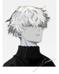  1boy black_sweater border glasses grey_eyes grey_hair highres looking_at_viewer male_focus original parted_lips portrait short_hair signature sogawa solo sweater turtleneck turtleneck_sweater white_border 