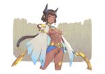  1girl bangs bigrbear black_hair breasts dark-skinned_female dark_skin egyptian facial_tattoo hieroglyphics holding holding_sword holding_weapon horns long_hair looking_at_viewer medium_breasts navel nipples open_mouth original pubic_tattoo pussy red_eyes short_hair simple_background solo standing stomach_tattoo sword tattoo uncensored weapon white_background 