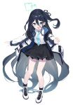  1girl :d aris_(blue_archive) bangs beko_(beco_1122) black_hairband black_skirt black_socks blue_archive blue_eyes blue_hair blue_necktie collared_shirt dark_blue_hair full_body hair_between_eyes hairband halo highres jacket long_bangs long_hair long_sleeves looking_at_viewer necktie one_side_up open_clothes open_jacket pleated_skirt shirt shirt_tucked_in shoes simple_background skirt smile sneakers socks solo very_long_hair white_background white_footwear white_shirt 