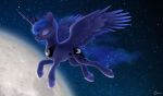  2018 blue_body blue_feathers blue_hair clothing crown cutie_mark digital_media_(artwork) equid equine eyelashes eyes_closed feathered_wings feathers female feral flying footwear friendship_is_magic hair hasbro horn luminousdazzle mammal moon my_little_pony princess_luna_(mlp) shoes signature smile solo spread_wings star winged_unicorn wings 
