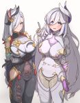  2girls arm_behind_back black_bodysuit blue_eyes blue_hair bodysuit breast_curtain breasts chinese_clothes closed_mouth covered_navel cowboy_shot crossed_arms genshin_impact gloves grey_hair hair_between_eyes hair_ornament hair_over_one_eye hand_up hare_(honkai_impact) highres hip_vent honkai_(series) honkai_impact_3rd index_finger_raised kyaong large_breasts long_hair long_sleeves looking_at_viewer multicolored_hair multiple_girls open_mouth shenhe_(genshin_impact) simple_background streaked_hair very_long_hair white_background white_gloves 