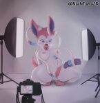  absurd_res anthro blue_eyes bodily_fluids bow_ribbon breasts camera eeveelution female fur generation_6_pokemon hi_res mammal masturbation nachitamajr nintendo pink_body pink_ear pink_fur pink_hands pink_paws pokemon pokemon_(species) pose saliva simple_background solo sylveon text video_games white_background white_body 