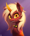  2022 ambiguous_gender better_version_at_source chest_tuft collar ear_piercing ear_ring ear_tuft equid equine eyebrows fan_character fangs feral fur hair hasbro hi_res horn inner_ear_fluff looking_at_viewer luminousdazzle mammal my_little_pony orange_eyes orange_horn piercing portrait purple_background red_body red_fur ring_piercing sharp_teeth signature simple_background smile solo spiked_collar spikes tan_hair teeth tuft unicorn unicorn_horn yellow_sclera 