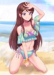  1girl absurdres aikatsu! aikatsu!_(series) arm_up bare_legs beach bikini blue_bikini bracelet breasts brown_hair cleavage collarbone day full_body grin highres jewelry kneeling long_hair ms14shoji navel ocean outdoors purple_eyes shibuki_ran shiny shiny_hair side-tie_bikini_bottom small_breasts smile solo straight_hair swimsuit very_long_hair 