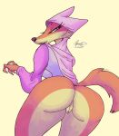  anthro big_breasts big_butt breasts butt canid canine clothing disney female fox genitals hat headgear headwear maid_marian mammal orange_body pink_clothing purple_clothing purple_eyes pussy raised_tail rear_view red_fox rentressy robin_hood_(disney) smile solo 