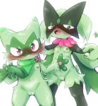  anthro blush doneru duo female flat_chested floragato generation_9_pokemon genitals green_body hi_res innie_pussy meowscarada nintendo nipples pokemon pokemon_(species) pussy video_games 
