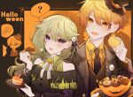  1boy 1girl alternate_hairstyle black_dress blonde_hair brown_coat brown_necktie brown_vest coat commentary cookie dress food fork ghost_hair_ornament green_hair green_shirt halloween hat highres holding holding_cookie holding_food holding_fork jack-o&#039;-lantern kusanagi_nene long_hair long_sleeves mini_hat mini_top_hat neck_ribbon necktie off-shoulder_dress off_shoulder orange_eyes orange_shirt project_sekai purple_eyes ribbon shirt sleeveless sleeveless_shirt t_nvv tenma_tsukasa top_hat upper_body vest white_ribbon wing_collar 