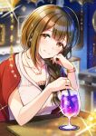  1girl ahoge bangs blurry blurry_background braid braided_ponytail breasts brown_hair cleavage closed_mouth collarbone drinking_straw hair_between_eyes hair_over_shoulder highres idolmaster idolmaster_shiny_colors jewelry kuwayama_chiyuki long_hair looking_at_viewer medium_breasts necklace piroshiki123 shiny shiny_hair shirt sleeveless sleeveless_shirt smile solo sparkle upper_body watch wristwatch yellow_eyes yellow_shirt 