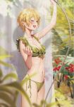  1girl absurdres ame_(uten_cancel) arm_up bangs bikini blonde_hair blurry blurry_background blush breasts cleavage flower hand_up highres holding idolmaster idolmaster_shiny_colors nature navel open_mouth saijo_juri scan shiny shiny_hair shiny_skin short_hair showering simple_background small_breasts smile solo stomach swimsuit thighs water water_drop wet 