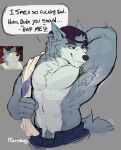  absurd_res anthro armpit_fetish armpit_hair body_hair canid canine canis clothed clothing hat headgear headwear hi_res looking_aside male mammal musk smelly solo speech_bubble terryskaii_(artist) topless topless_male towel_on_shoulder wolf wolf_(we_baby_bears) 