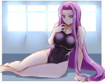  1girl bare_arms bare_legs black_one-piece_swimsuit border breasts closed_mouth collarbone competition_swimsuit engo_(aquawatery) fate/stay_night fate_(series) feet_out_of_frame hair_intakes highres indoors large_breasts long_hair medusa_(fate) medusa_(rider)_(fate) one-piece_swimsuit outside_border purple_eyes purple_hair shiny shiny_hair shiny_skin sitting sketch smile solo straight_hair swimsuit very_long_hair white_border 