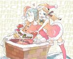  1boy 1girl bad_source blonde_hair breasts chimaki_(impressiveanarchy) christmas closed_mouth dress earrings feet_out_of_frame gian_(saga) gloves hat jewelry long_hair looking_at_viewer myriam_(saga) open_mouth romancing_saga_minstrel_song saga santa_costume santa_hat smile thighhighs twintails 
