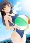  1girl ahoge ball bangs beach beachball black_eyes black_hair blue_one-piece_swimsuit blue_sky cloud cloudy_sky commentary cowboy_shot day dutch_angle girls_und_panzer holding holding_ball horizon isuzu_hana lens_flare long_hair looking_at_viewer medium_hair ocean ooarai_(ibaraki) open_mouth school_swimsuit sky smile solo standing sunlight swimsuit torii twitter_username water_drop wet yurikuta_tsukumi 