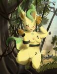  absurd_res accident accidental_exposure andromorph anthro bodily_fluids breasts brown_ears brown_eyes brown_feet brown_hands detailed_background eeveelution emoji female feral forest forest_background fur generation_4_pokemon genital_fluids green_ears hi_res intersex leaf leaf_ears leafeon lianas mammal nachitamajr nature nature_background nintendo plant pokemon pokemon_(species) pussy_juice saliva solo tail_leaf text trapped tree trunk video_games yellow_body yellow_eyes yellow_fur 