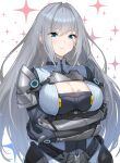  1girl absurdres arm_guards armor bangs belt blue_eyes blush bodysuit breast_tattoo breasts cleavage cleavage_cutout clothing_cutout ethel_(xenoblade) faulds green322 grey_bodysuit grey_hair hair_intakes highres large_breasts long_hair long_sleeves looking_at_viewer pauldrons shoulder_armor solo sparkle tattoo white_background xenoblade_chronicles_(series) xenoblade_chronicles_3 