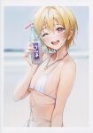  1girl absurdres ame_(uten_cancel) bangs bare_shoulders bikini blonde_hair blurry blurry_background blush bottle breasts collarbone day drinking_straw earrings fingernails head_tilt highres holding idolmaster idolmaster_shiny_colors jewelry lips looking_at_viewer navel necklace one_eye_closed outdoors plastic_bottle red_eyes ring_necklace saijo_juri scan short_hair simple_background small_breasts smile soda_bottle solo stomach swimsuit teeth upper_body upper_teeth water water_drop 