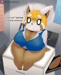 2022 absurd_res aggressive_retsuko ailurid anthro big_breasts big_butt blush bodily_fluids bottomwear breasts brown_body brown_fur butt clothed clothing copier curvy_figure digital_drawing_(artwork) digital_media_(artwork) english_text female fur furniture hi_res lobokosmico looking_at_viewer mammal multicolored_body multicolored_fur nervous office photocopier photocopying_butt photocopying_self printer red_panda retsuko sanrio short_stack simple_background sitting solo surprise sweat sweatdrop text thick_thighs topwear voluptuous wide_hips 