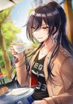  1girl :d bangs black_hair black_shirt blue_pants blurry blurry_background breasts brown_coat cleavage coat collarbone cup day denim earrings hair_between_eyes high_ponytail highres holding holding_cup idolmaster idolmaster_shiny_colors jewelry long_hair long_sleeves medium_breasts open_clothes open_coat open_mouth outdoors pants piroshiki123 print_shirt shiny shiny_hair shirase_sakuya shirt signature sitting smile solo sparkle teacup torn_clothes torn_pants very_long_hair watermark yellow_eyes 