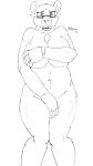  2017 anthro big_breasts blush blush_lines bracelet breasts chin_piercing clenched_teeth covering covering_breasts covering_crotch covering_self embarrassed embarrassed_nude_anthro eyewear fangs female front_view fur glasses hi_res jewelry jimfoxx looking_at_viewer mammal navel nude nude_female polar_bear signature solo sonia_jenkins standing teeth ursid ursine white_body white_fur 