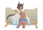 1girl bangs bigrbear black_hair breasts dark-skinned_female dark_skin egyptian hieroglyphics holding holding_sword holding_weapon horns long_hair looking_at_viewer medium_breasts navel original parted_lips pasties red_eyes short_hair simple_background solo standing sword weapon white_background 