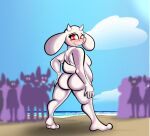 anthro beach big_breasts big_butt birbpan blush boss_monster bovid breasts butt caprine cloud eyelashes female floppy_ears fur goat hand_on_hip hi_res horn looking_back lop_ears mammal nude rear_view red_eyes sea seaside side_boob sky smile solo thick_thighs toriel undertale undertale_(series) video_games water white_body white_fur wide_hips 