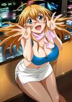  1girl :d antenna_hair bangs blonde_hair blue_bra bra breasts city_lights cleavage earrings fang floating_hair glasses green_eyes hair_between_eyes ikkitousen jewelry large_breasts long_hair looking_at_viewer magatama magatama_earrings midriff miniskirt navel open_mouth outstretched_hand pantyhose pencil_skirt red-framed_eyewear shiny shiny_clothes shiny_hair shiny_legwear side_slit sitting skirt smile solo sonsaku_hakufu stomach straight_hair underwear white_skirt 