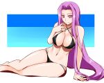  1girl bare_arms bare_legs bikini black_bikini breasts cleavage closed_mouth collarbone criss-cross_halter engo_(aquawatery) fate/stay_night fate_(series) feet_out_of_frame groin hair_intakes halterneck highres large_breasts long_hair lowleg lowleg_bikini medusa_(fate) medusa_(rider)_(fate) multi-strapped_bikini navel purple_eyes purple_hair shiny shiny_hair shiny_skin sideboob sitting sketch smile solo straight_hair swimsuit very_long_hair 