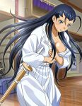  1girl black_hair blue_eyes blush breasts cleavage closed_mouth collarbone covering covering_breasts embarrassed floating_hair hair_intakes hakama ikkitousen indoors japanese_clothes kakouen_myousai kimono large_breasts leaning_forward long_hair shinai shiny shiny_hair shiny_skin solo standing straight_hair sword very_long_hair weapon white_hakama white_kimono 