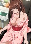  1girl :d bangs blunt_bangs breasts brown_eyes brown_hair cleavage collarbone floral_print from_above head_tilt ikkitousen japanese_clothes kimono large_breasts long_hair naked_kimono no_bra off_shoulder open_clothes open_kimono open_mouth pink_kimono ponytail print_kimono shiny shiny_hair shiny_skin sitting smile solo yagyu_mitsuyoshi 
