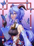  1girl ahoge bare_shoulders bell black_shirt blue_butterfly blue_hair breasts bug butterfly butterfly_on_hand cleavage cowbell detached_sleeves ganyu_(genshin_impact) genshin_impact goat_horns gradient gradient_background hair_between_eyes highres horns long_hair looking_to_the_side medium_breasts neck_bell parted_lips portrait purple_background purple_eyes shirt sidelocks sleeveless sleeveless_shirt smile solo upper_body yubuki_i 