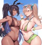  2girls alternate_costume alternate_hairstyle animal_ears arched_back armlet armpit_crease asuna_(blue_archive) asymmetrical_docking bangs bikini black_bikini black_hair blue_archive blue_bow blue_bowtie blue_eyes blue_ribbon blue_sky border bow bowtie breast_press breasts bunny_tattoo detached_collar eyewear_on_head fake_animal_ears fellatio_gesture green_bikini hair_ribbon hand_up heart heart-shaped_eyewear highres huge_breasts karin_(blue_archive) large_breasts long_bangs long_hair looking_at_viewer mole mole_under_eye multiple_girls navel open_mouth outside_border ponytail rabbit_ears ribbon sddfsdfq shoulder_tattoo side_ponytail simple_background sky sunglasses swimsuit tattoo teeth upper_teeth water_drop white_border white_wrist_cuffs yellow_eyes 