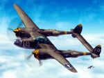  above_clouds aircraft airplane artist_name blue_sky cloud cloudy_sky commentary_request day flying highres luger_oni-jun&#039;i military motion_blur original outdoors p-38_lightning roundel signature sky vehicle_focus world_war_ii 