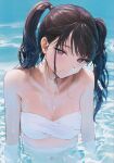  1girl absurdres ame_(uten_cancel) bangs bare_shoulders bikini bikini_top_only black_hair blush breasts closed_mouth collarbone highres idolmaster idolmaster_shiny_colors kazano_hiori long_hair looking_at_viewer mole mole_under_mouth navel partially_submerged purple_eyes scan shiny shiny_hair shiny_skin simple_background small_breasts smile solo stomach swimsuit twintails upper_body water 