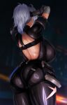  1girl absurdres adjusting_hair ahoge arms_up ass backboob black_bodysuit blurry blurry_background bodysuit breasts donkey20210401 from_behind grey_hair hand_in_own_hair highres large_breasts median_furrow medium_hair official_alternate_costume ponytail skin_tight solo sweat thighs tower_of_fantasy wanderer_(tower_of_fantasy) 