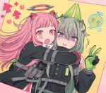  2girls animal_ears arm_strap b718293 bangs black_gloves black_jacket blush cat_ears close_game/offline_(project_sekai) commentary dress giving_up_the_ghost gloves green_gloves green_hair hair_flaps halo hug jacket kusanagi_nene long_hair long_sleeves mechanical_ears mechanical_halo multiple_girls ootori_emu pink_eyes pink_hair plus_sign pouch project_sekai purple_eyes rabbit_ears sweat symbol-only_commentary tactical_clothes trembling two-tone_gloves upper_body very_long_hair white_dress 