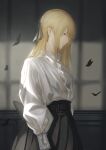  1girl absurdres belt black_belt black_ribbon black_skirt blonde_hair breasts brown_eyes bug butterfly closed_mouth commentary cowboy_shot earrings english_commentary from_side hair_ribbon highres indoors jewelry long_hair long_sleeves looking_down marumoru medium_breasts original pleated_skirt puffy_long_sleeves puffy_sleeves ribbon shirt shirt_tucked_in sidelocks skirt solo white_shirt 