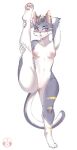  1girl animal_ears blush body_fur breasts cat_ears cat_girl cat_tail commentary commission completely_nude english_commentary full_body furry furry_female grey_fur grey_hair highres leg_lift looking_at_viewer multicolored_fur nude open_mouth original pussy simple_background solo standing standing_on_one_leg striped tail thericegoat white_background white_fur 