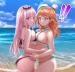  ! !! 2girls :&lt; achromaru alternate_costume ass bangs beach bikini black_bikini blurry blurry_foreground breast_press breasts chef_hat cowboy_shot from_side grey_bikini hat hololive hololive_english horizon hug large_breasts looking_at_another mori_calliope multiple_girls orange_hair outdoors pink_eyes shiny shiny_hair sideboob smile swimsuit symmetrical_docking takanashi_kiara virtual_youtuber white_headwear yuri 