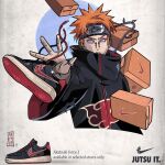  1boy akatsuki_uniform black_headband black_jacket box brand_name_imitation chain commentary english_text headband jacket jewelry logo_parody looking_to_the_side male_focus naruto_(series) naruto_shippuuden nike nike_air_force_1 nose_piercing open_hand orange_hair pain_(naruto) piercing purple_eyes reskdstroy ring rinnegan shoes sneakers solo symbol-only_commentary v-shaped_eyebrows 