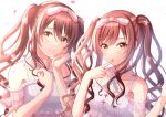  2girls bangs bare_shoulders blush breasts citrusmikan collarbone dress finger_to_mouth flower hair_between_eyes hair_flower hair_ornament hair_ribbon hand_on_own_cheek hand_on_own_face hand_up highres idolmaster idolmaster_shiny_colors index_finger_raised long_hair looking_at_viewer medium_breasts multiple_girls official_alternate_costume official_alternate_hairstyle open_mouth osaki_amana osaki_tenka parted_lips red_hair ribbon siblings sisters sleeveless sleeveless_dress smile swept_bangs twins twintails upper_body wavy_hair white_dress yellow_eyes 