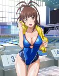  1girl bangs bare_arms blue_one-piece_swimsuit blunt_bangs breasts brown_eyes brown_hair cleavage collarbone competition_swimsuit covered_navel ikkitousen indoors large_breasts long_hair looking_at_viewer one-piece_swimsuit ponytail poolside shiny shiny_hair solo swimsuit thigh_gap towel yagyu_mitsuyoshi 