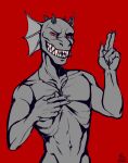  anthro contrast cross gills gray hi_res horn lizard male qiwery red_background red_eyes reptile scalie simple_background sly smile solo teeth zink_shan 