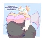  absurd_res anthro belly big_belly big_breasts breasts chiropteran cleavage clothed clothing english_text eyelashes eyeshadow female gloves handwear hi_res makeup mammal navel_outline nipple_outline obese open_mouth overweight overweight_anthro overweight_female rouge_the_bat rumbling_stomach sega simple_background solo sonic_the_hedgehog_(series) sunsleptos text wings 