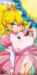  +_+ 1boy 1girl bayeuxman blonde_hair blue_eyes breasts bridal_gauntlets covered_navel covered_nipples crown dress earrings highres jewelry large_breasts lips lipstick looking_at_viewer makeup mario_(series) pink_lips princess_peach puffy_short_sleeves puffy_sleeves short_sleeves standing toad_(mario) umbrella 