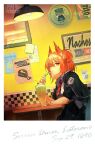  1girl animal_ears arknights bangs bird_ears black_jacket ceiling_light cherry cup diner drinking_straw drinking_straw_in_mouth fiammetta_(arknights) food fruit hair_between_eyes hanging_light highres holding holding_drinking_straw indoors inuko_(redconstellation) jacket looking_at_viewer milkshake mostima_(arknights) necktie red_eyes red_hair red_necktie shirt short_hair sitting solo white_shirt 