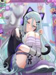  1girl animal_ear_headphones animal_ears bangs blue_eyes blush bow cat_ear_headphones cat_tail chain choker cross-laced_clothes cross-laced_legwear facial_mark fake_animal_ears fake_tail grey_hair hair_ornament hairclip headphones heart heart_facial_mark heart_hair_ornament highres hugging_own_legs knees_up ktori long_hair looking_at_viewer loose_socks off-shoulder_shirt off_shoulder parted_lips plaid plaid_skirt pleated_skirt project_sekai shirt shoe_soles shoes sitting skirt sneakers socks solo star_(symbol) striped striped_socks t-shirt tail thigh_strap v-shaped_eyebrows very_long_hair x_hair_ornament yoisaki_kanade 