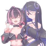 2girls 774_inc. ahoge bangs belt belt_collar black_belt black_hair black_jacket blue_hair blush bra breasts brown_eyes cleavage closed_mouth collar commentary_request covellin curled_horns demon_girl demon_horns fangs flat_chest hair_between_eyes hebiyoi_tier horns jacket long_hair looking_at_viewer midriff multicolored_hair multiple_girls off_shoulder oinomori_may one_eye_closed one_side_up open_mouth pink_bra pink_hair pointy_ears simple_background smile sugar_lyric transparent_background two-tone_hair underwear upper_body virtual_youtuber w 